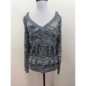 Guess Los Angeles Womens Blue Space Dye Cold Shoulder Cable Knit Sweater Medium